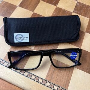Black square frame optical eye glasses +2.0 black case sleeve